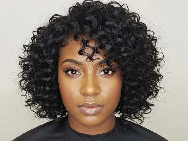 Black woman with layered curly bob hairstyle