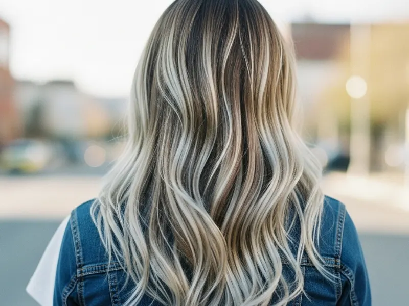 Light brown hair with platinum blonde highlights for a high-impact, chic appearance