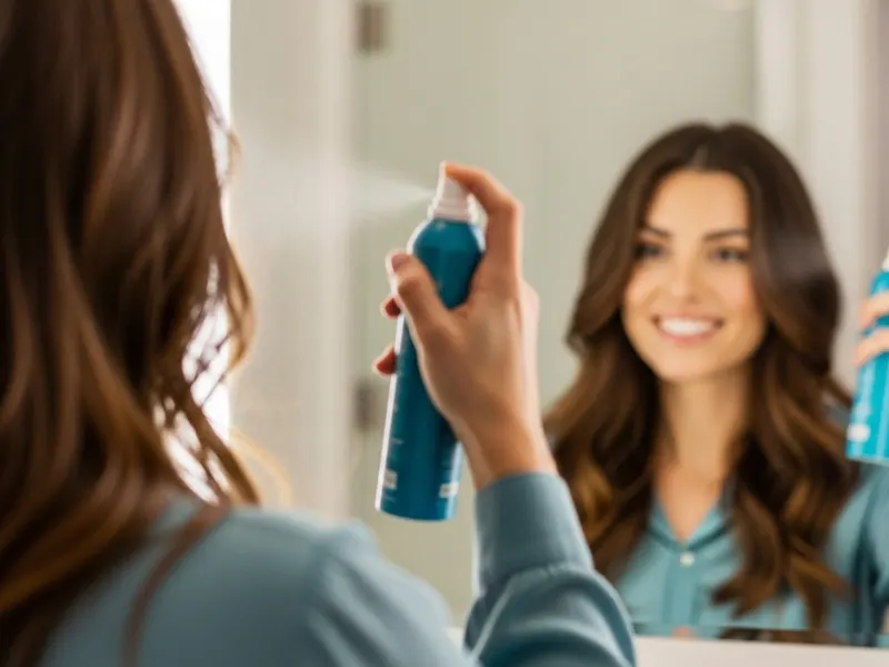 Woman using dry shampoo on her hair to extend time between washes