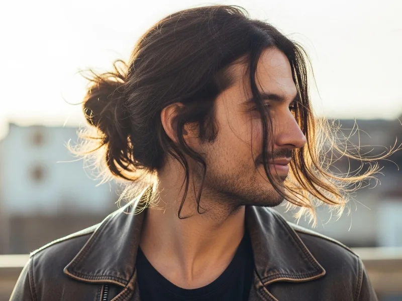 Man with loose messy bun hairstyle