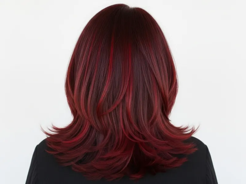 Mahogany brown hair with red highlights for a bold, fiery effect