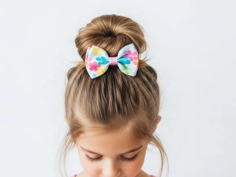 Little girl with a messy bun and a colorful bow