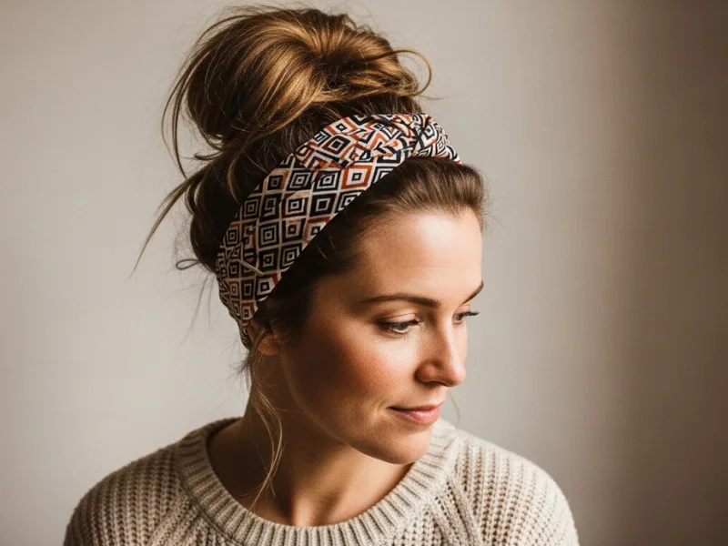 Messy bun with a patterned headband