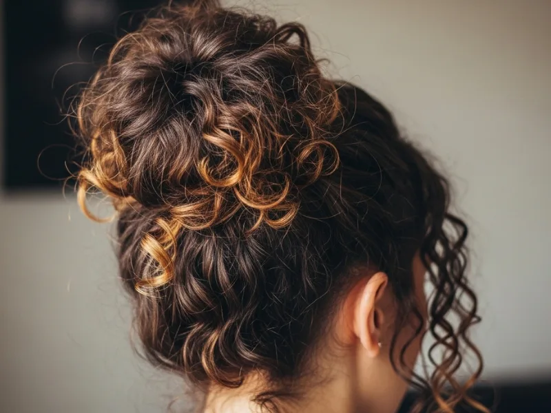 Messy curly bun with loose curls.