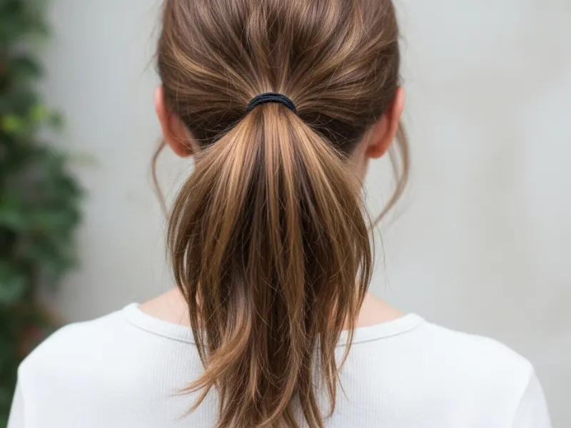 Messy low ponytail hairstyle for women.
