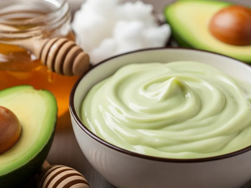 Homemade avocado and honey hair mask for dry hair with natural ingredients like coconut oil.
