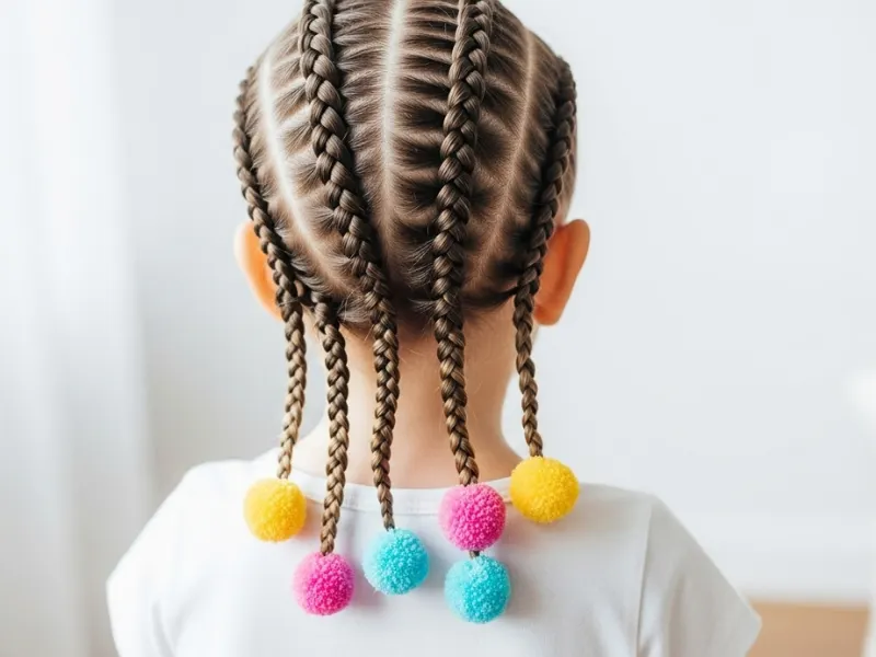 Toddler with pom-pom braids