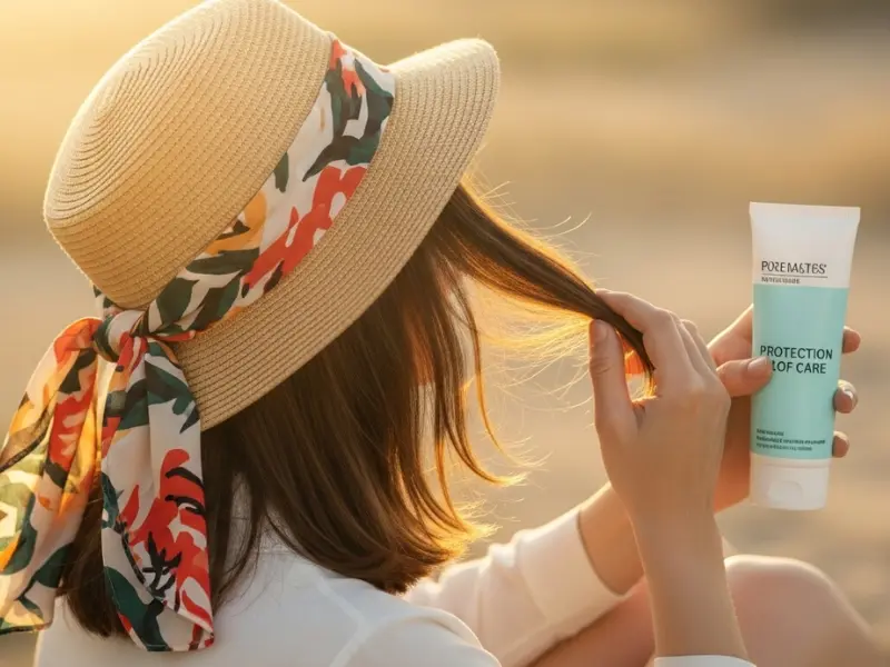 Woman wearing a stylish hat, protecting her hair from harmful UV rays in the sun
