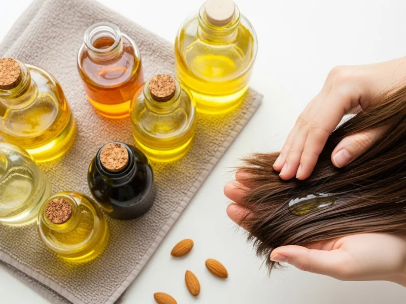 Bottles of argan, castor, and almond oils for nourishing dry hair.