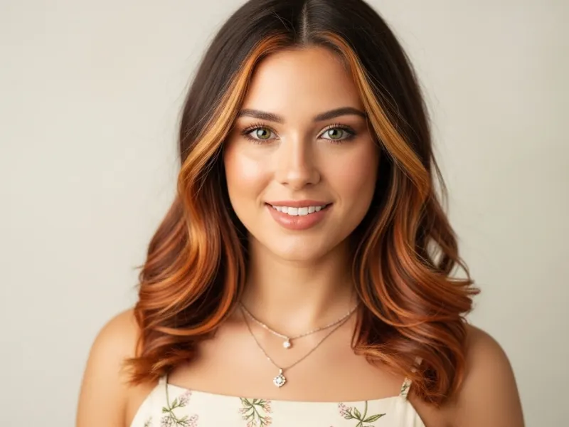 Rich brown hair with copper and blonde highlights for a vibrant, multi-dimensional look.