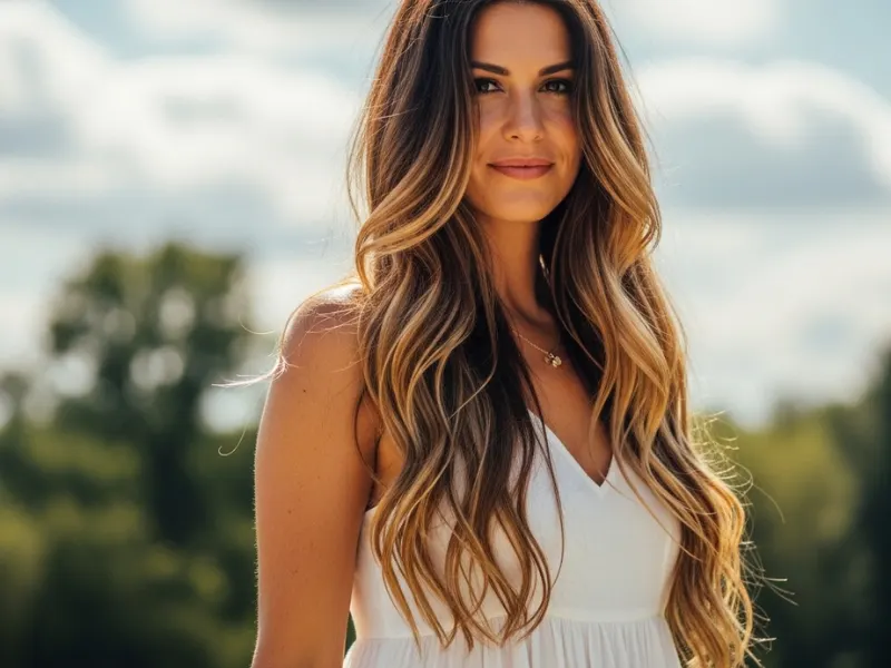 Sandy brown hair with warm blonde highlights for a beachy, sun-kissed look.