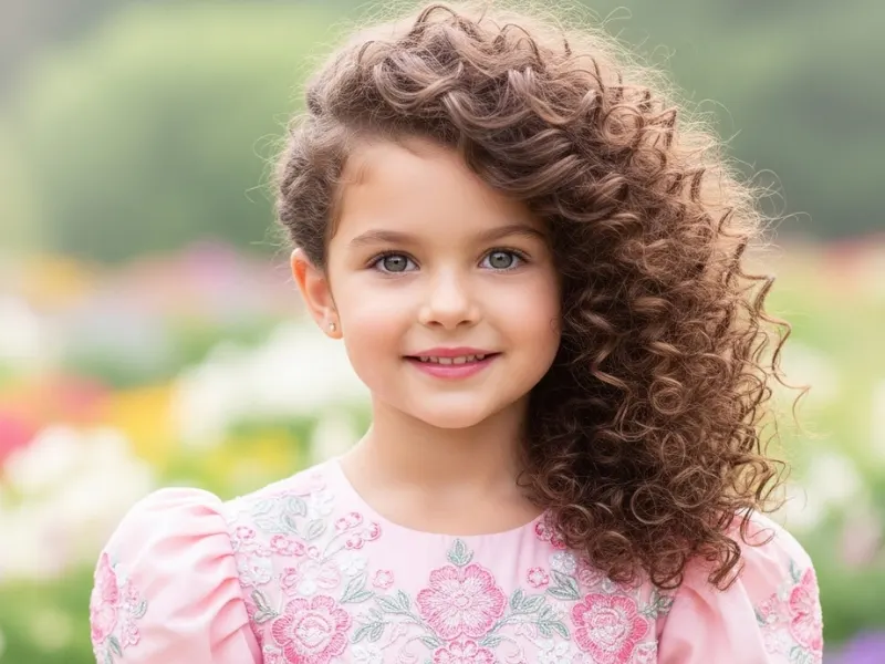 Little girl with side-swept curls hairstyle.