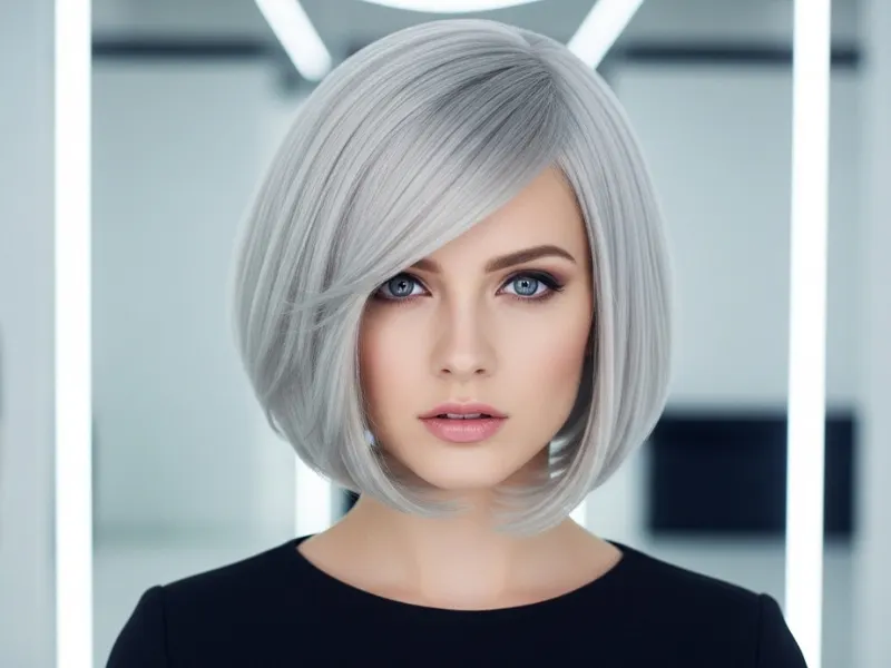 A woman with silver ash blonde hair in a sleek bob cut, showcasing a cool, futuristic look.
