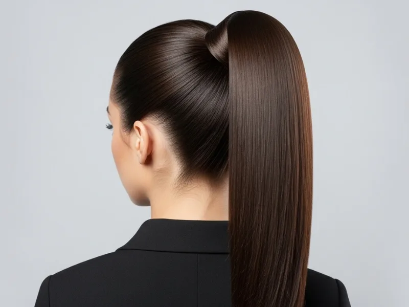 Sleek high ponytail hairstyle for women.