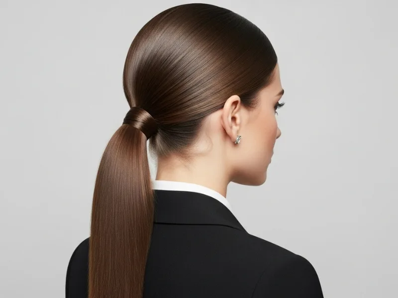 Sleek low ponytail hairstyle for women, polished and refined.