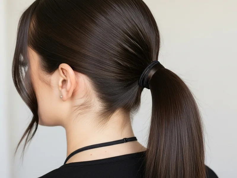 Sleek low ponytail hairstyle for women.