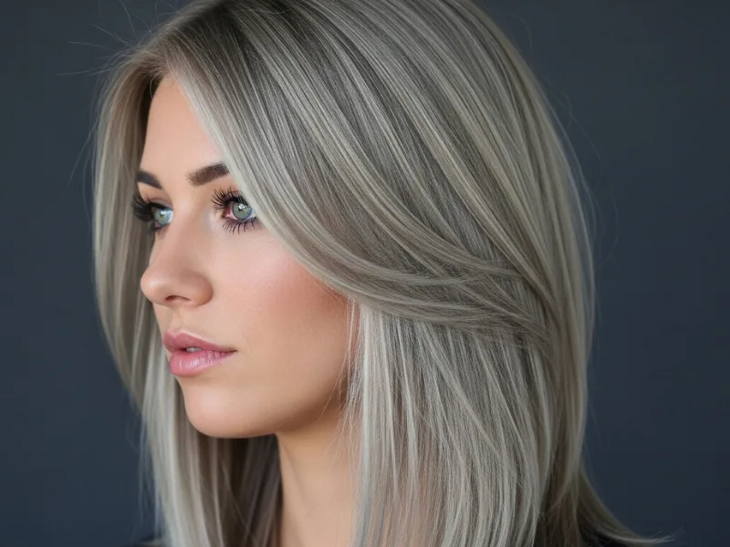 A woman with sleek smoky ash blonde hair, showcasing gray undertones for a sophisticated look.