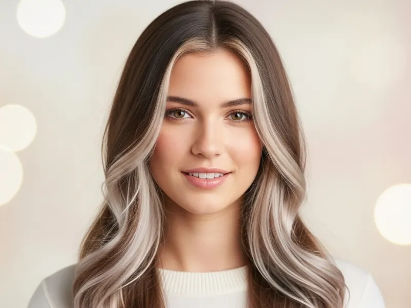 Soft brown hair with pale blonde highlights for a light, airy look