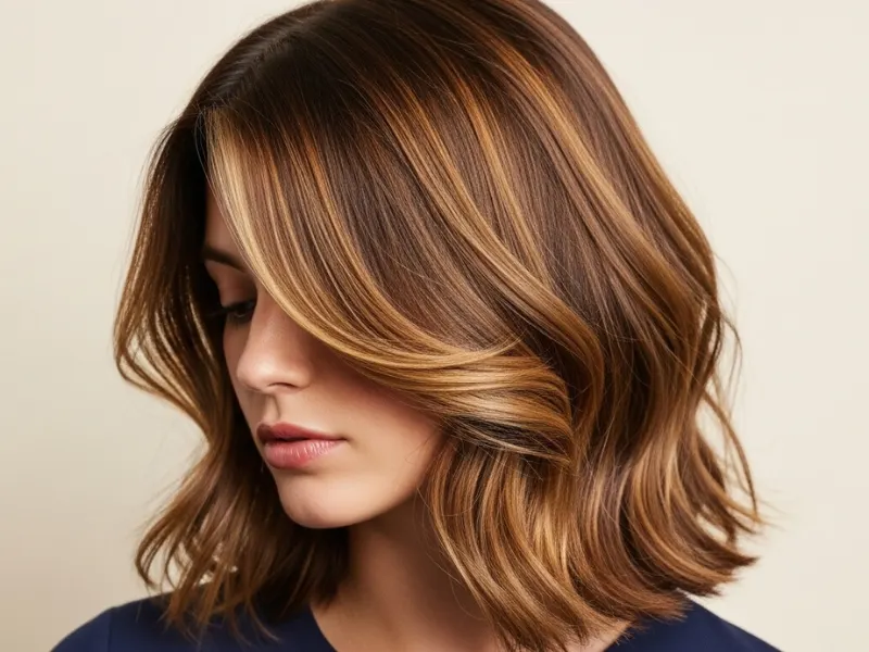 Soft brown hair with subtle honey highlights for a gentle, radiant glow.