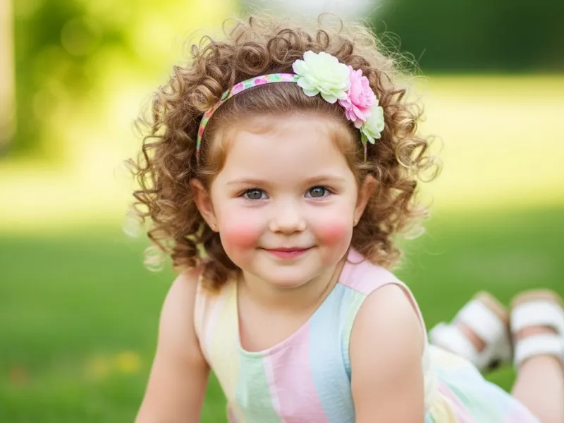 Little girl with spiral curls and a headband hairstyle