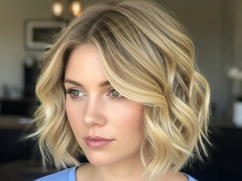 "Textured bob with soft waves for women, voluminous and chic."