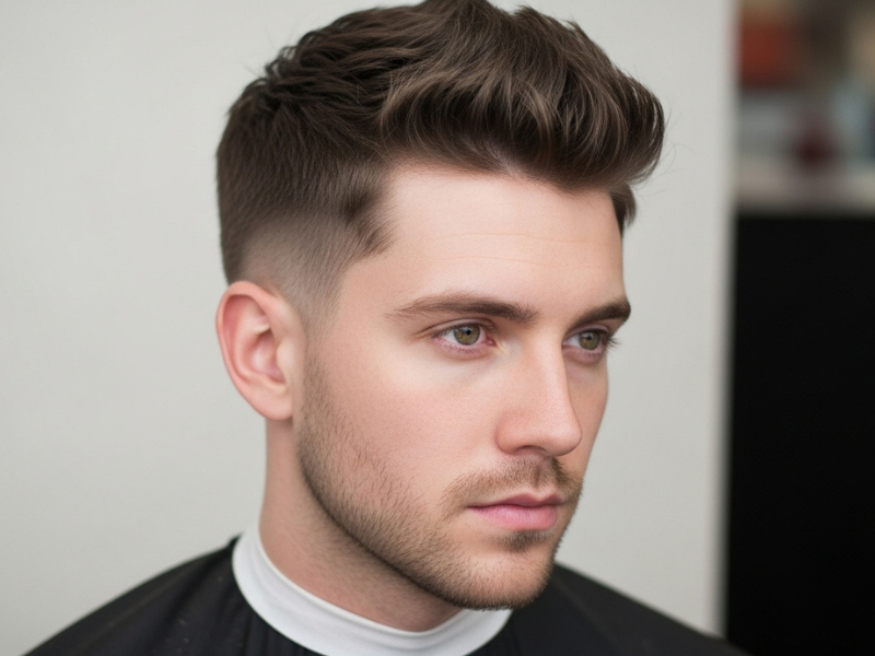 Man with a bro cut, short sides and slightly longer top with texture.