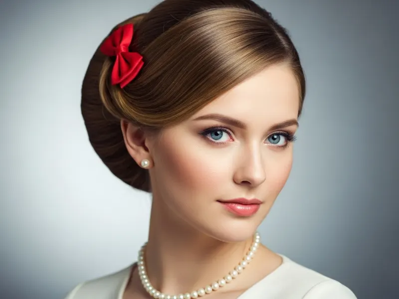 "Classic updo with a bow for women, elegant and whimsical."