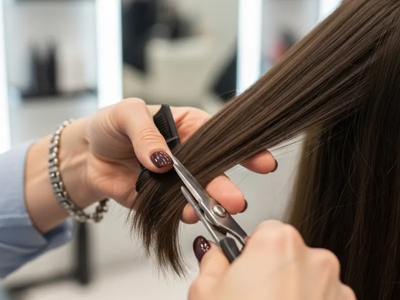 Hair stylist trimming ends of dry, damaged hair to prevent split ends.