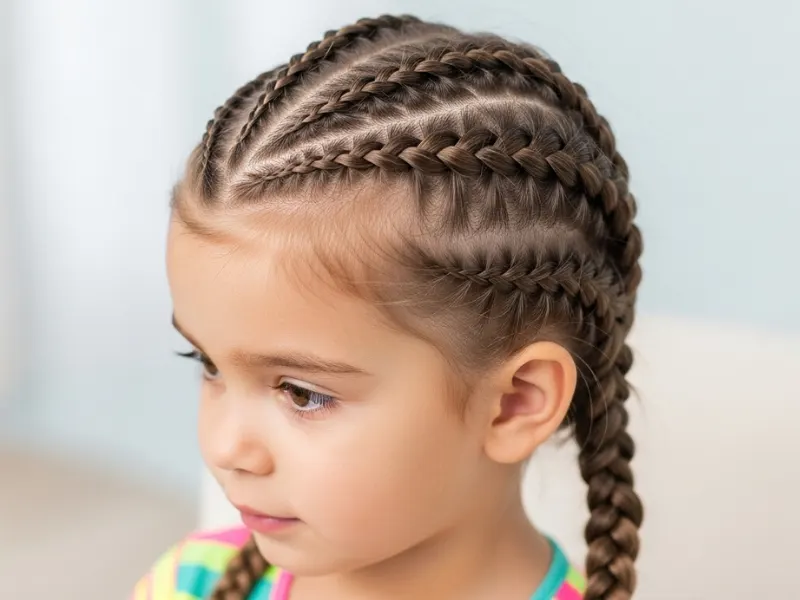 Toddler with twist-and-tuck braids for a chic, secure hairstyle.