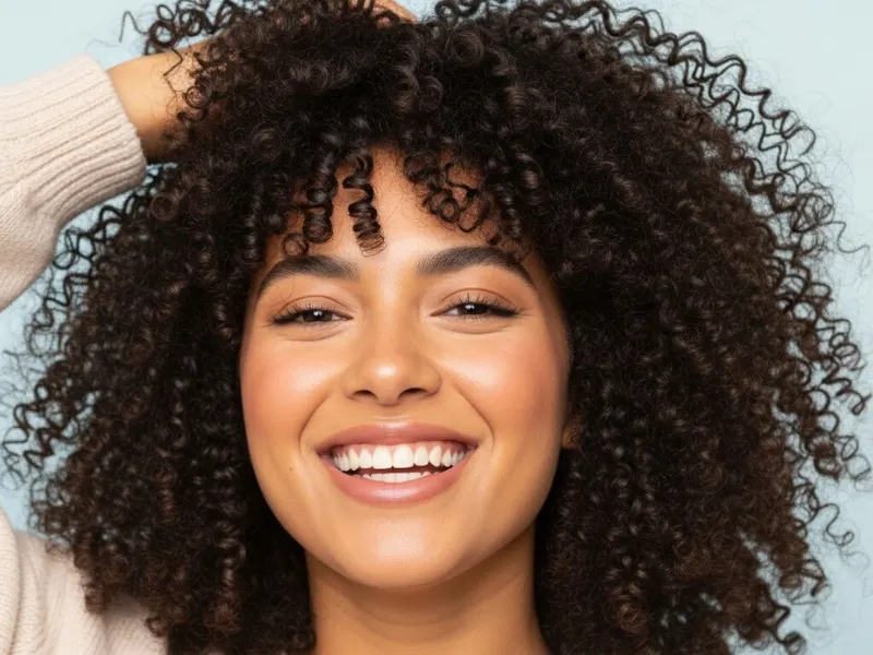 A woman having healthy curly hair routine