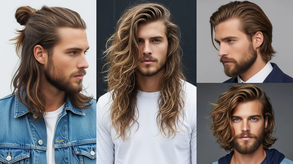 Collage of four men with different long hairstyles including man bun, slicked-back hair, flowing hair, and textured hair with beard.
