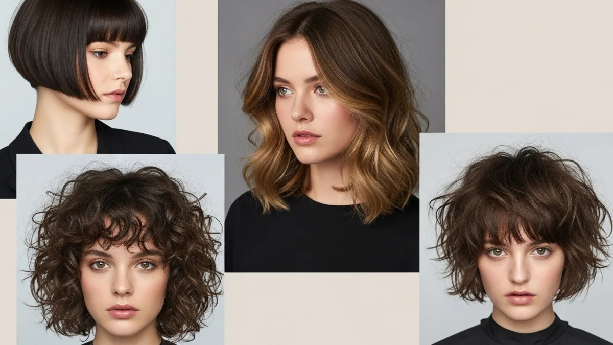 Collage of four butterfly haircuts featuring short bob, long layered cut, curly butterfly cut, and textured messy style on women with different hair types.
