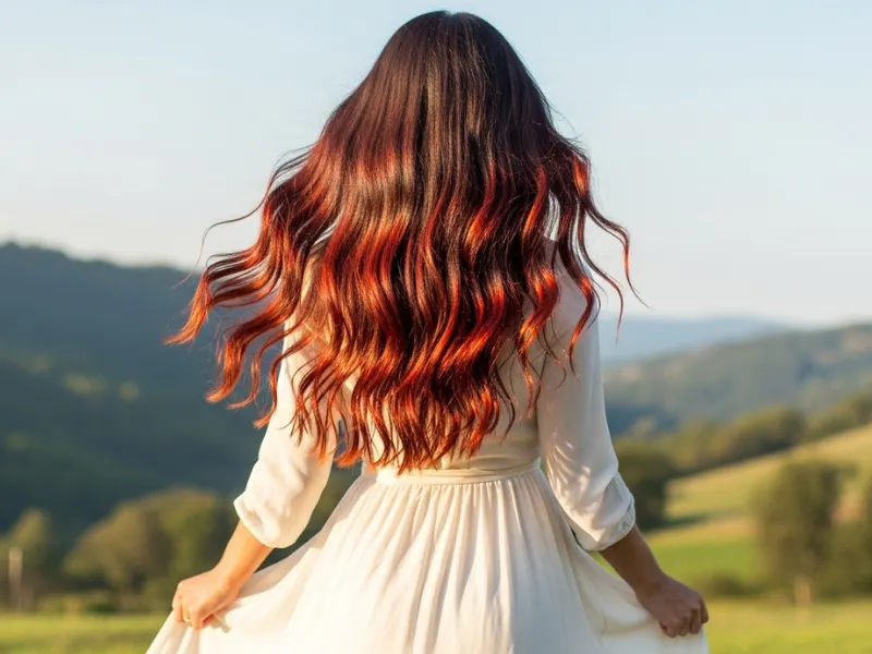 Warm brown hair with red-gold highlights creating a fiery, radiant effect
