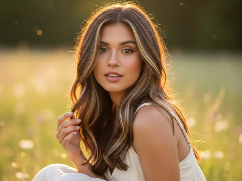 Warm brown hair with soft blonde highlights for a natural, glowing look.