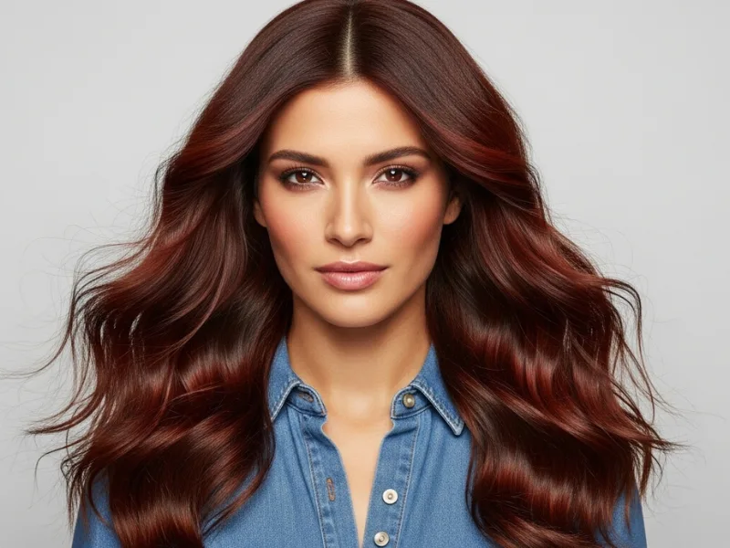 Woman with chestnut brown hair framing her face, showcasing warm tones
