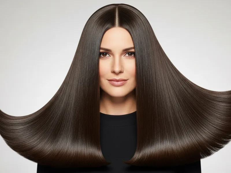 Woman with a sleek, blunt U cut on long straight glossy hair.