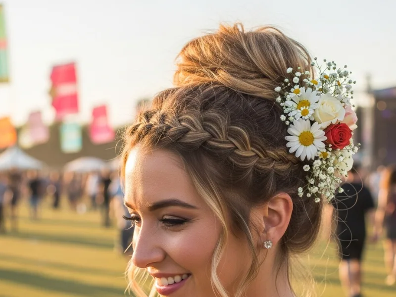 Boho messy bun hairstyle.