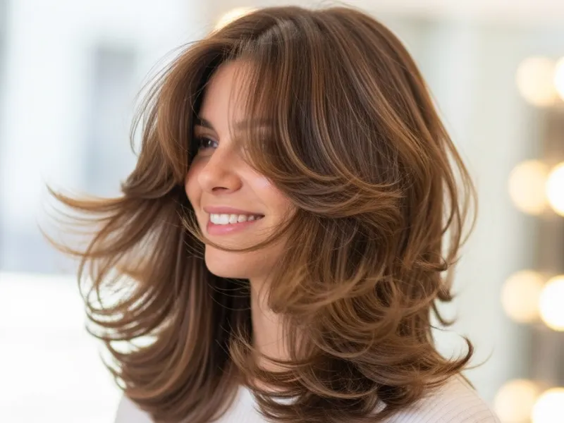"Bouncy layers hairstyle on a woman with full-bodied texture and natural volume