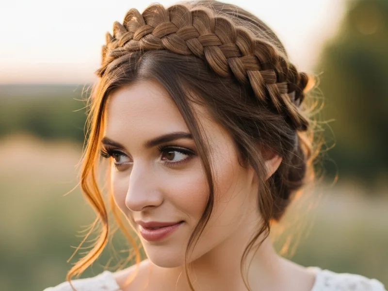 Braided crown hairstyle on a woman with a halo effect