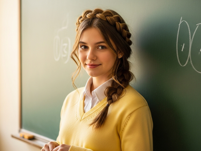 School girl with braided headband hairstyle.