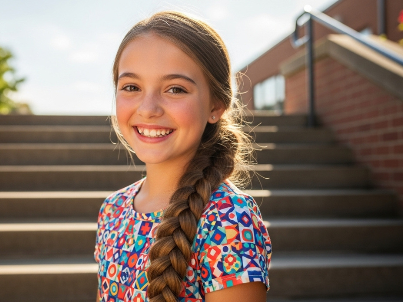 School girl with long braided ponytail in dress.