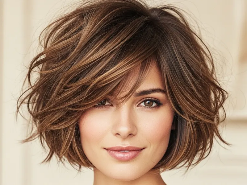 "Choppy bob hairstyle with textured layers on a woman, styled naturally