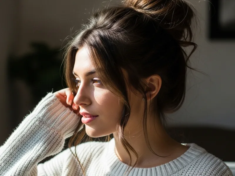 Classic high messy bun hairstyle with loose strands.