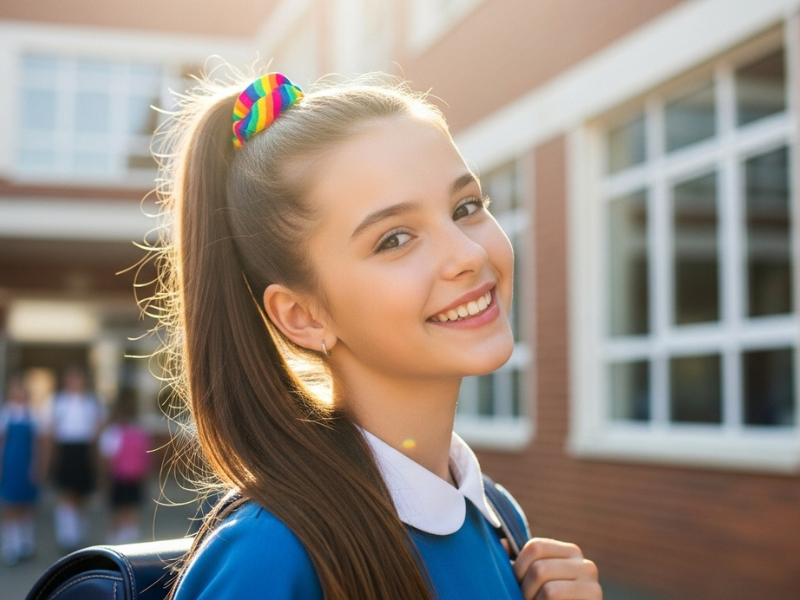 School girl with straight hair in a classic high ponytail