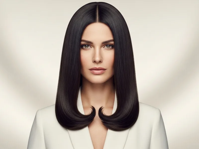 Woman with a classic U-shaped haircut on long straight hair.