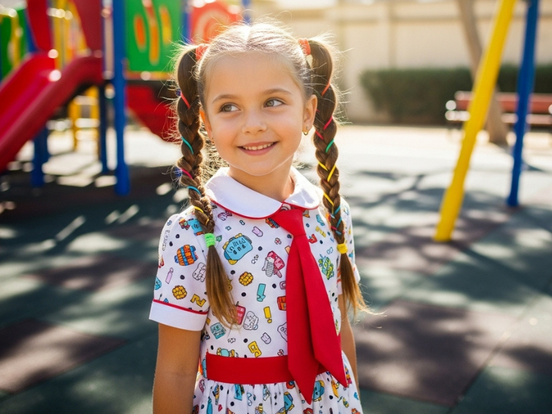 Playground school girl with pigtail braids and colorful ties