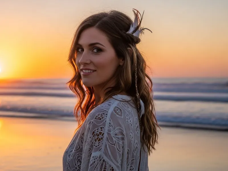 Boho waves with feather hair accessory