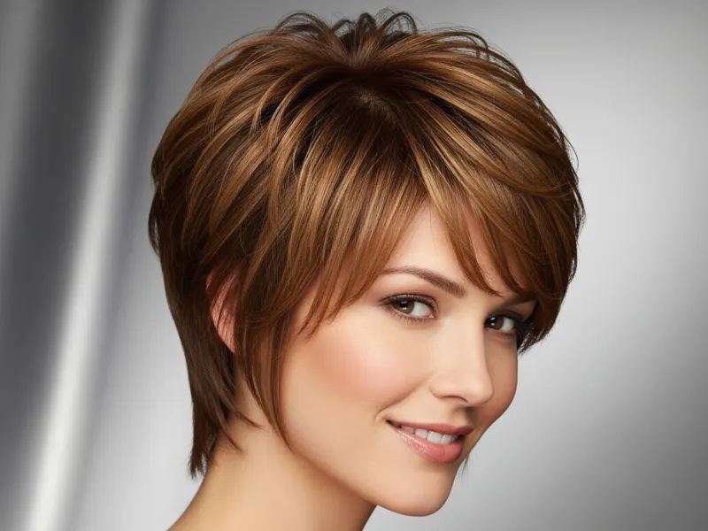 Woman with feathered spiky pixie hairstyle.