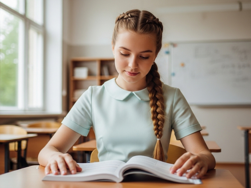 School girl with fishtail braid in soft lighting.