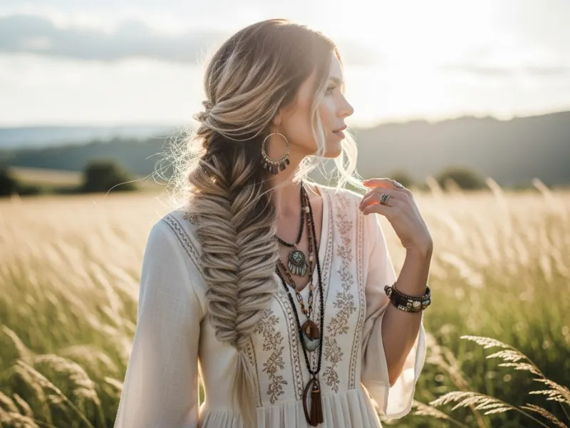 Loose boho fishtail braid hairstyle